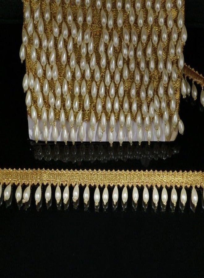 ANIDA Indian Gold and White Beaded Tassels Lace Trim for Dress Embellishments for Crafting, Sewing and Cloth Accessories 9Meter (Pack of 1) - Image 2